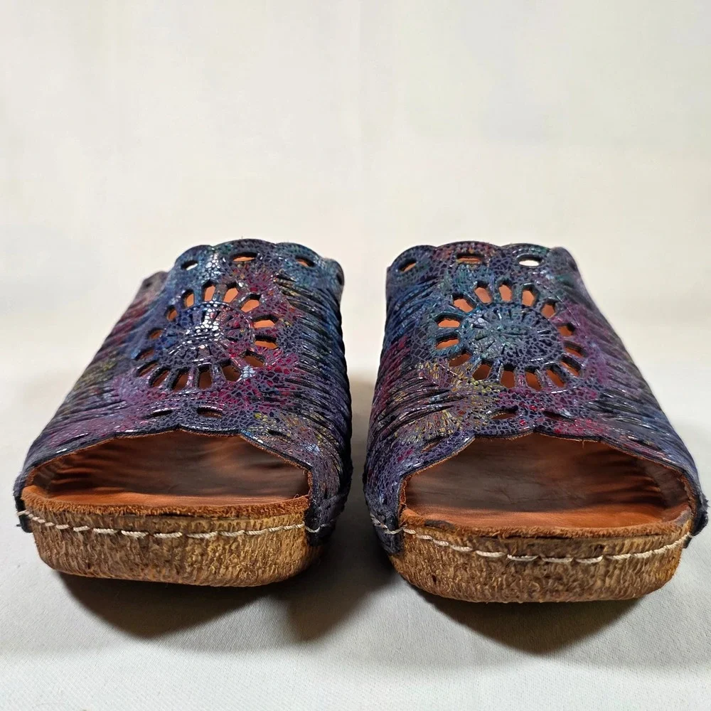 Spring Step Purple Iridescent Leather Womens 38 Wedge Slide Sandals Laser Cut